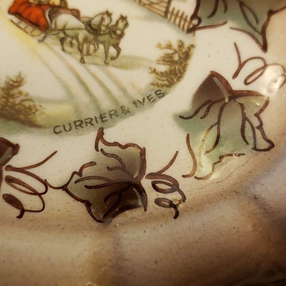 Vintage Currier & Ives Small Oval Ashtray Brown Winter Scene Very Pretty VGC - Picture 2 of 13